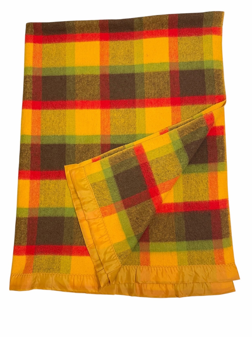Vtg Plaid Wool Twin Blanket Yellow Nylon Trim Yellow Red Green 84” x 66” Cabin